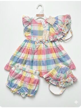 Tommy Bahama Easter Baby Girl Set 3 Piece Dress & Bloomer & cap 18 NWT